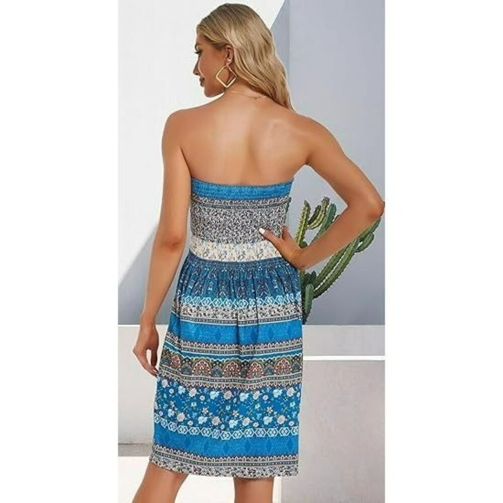 Bohemian Strapless Summer Beach Mini Dress Blue Floral Stretch A-Line Size M New - Picture 10 of 10